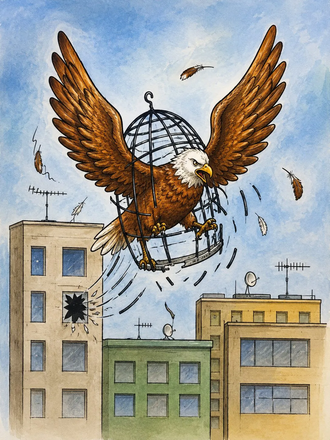 Cartoon “The Cage of Freedom: An Eagle Is Always an Eagle” by Oleksandr Zinovyev: An eagle flies off carrying its own birdcage over apartment blocks.
