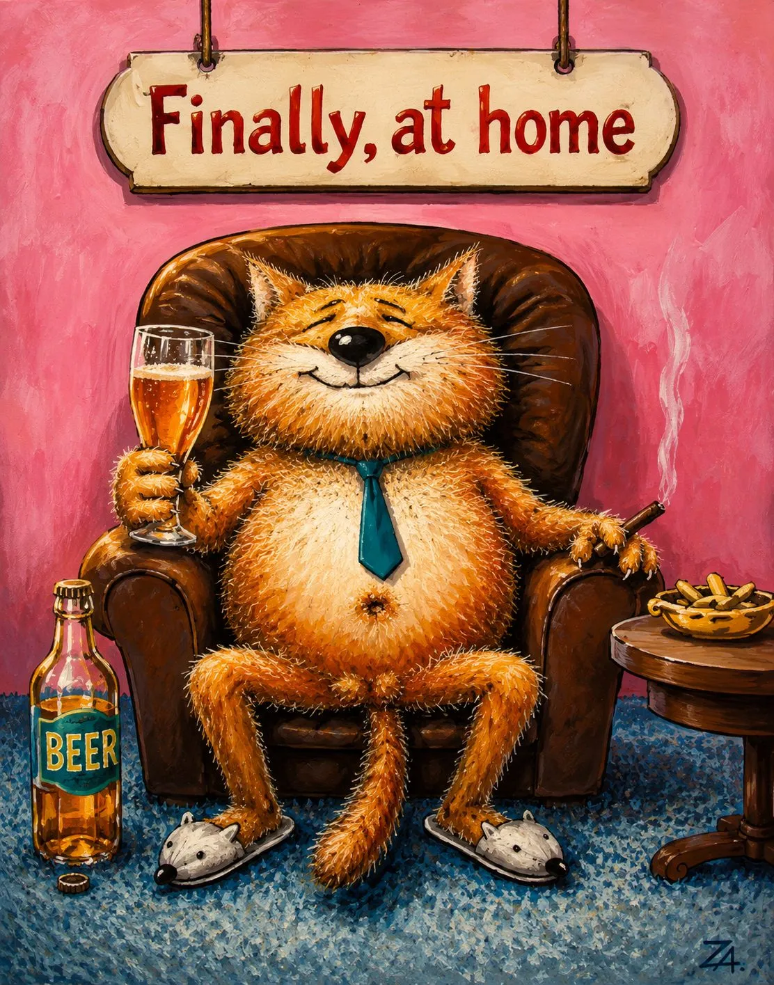 Cartoon by Oleksandr Zinovyev: A fat ginger cat in an armchair with beer, slippers and a cigar under a sign 'Finally, at home'.
