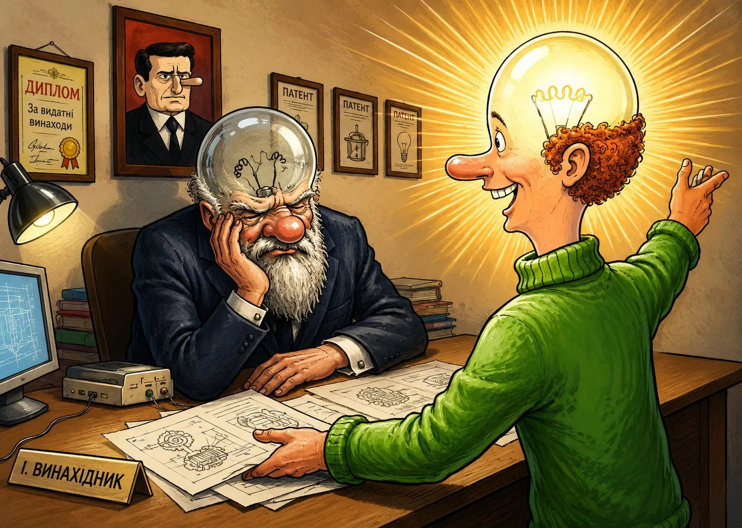 Cartoon “A Bright Head” by Oleksandr Zinovyev: An old bearded inventor with a dim light-bulb head beside a young man whose bulb is blazing.