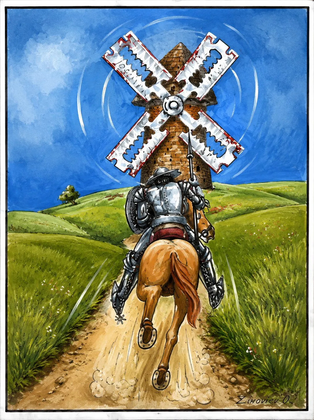 Cartoon “Don Quixote” by Oleksandr Zinovyev: Don Quixote on horseback charging a windmill whose sails are razor blades.