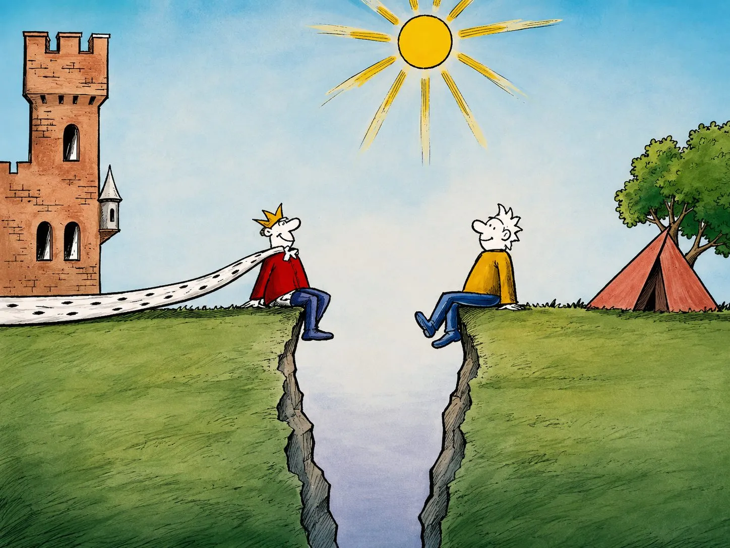 Cartoon by Oleksandr Zinovyev: A king by his castle and a camper by his tent sit on either side of a crack splitting the meadow.