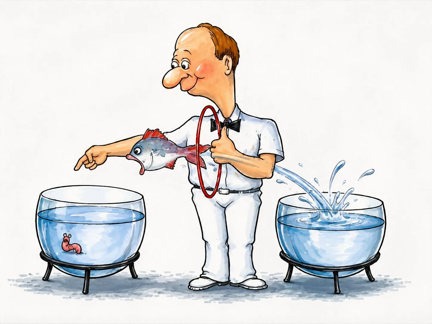 Cartoon “Animal Training” by Oleksandr Zinovyev: A waiter passes a fish through a hoop between two aquariums.