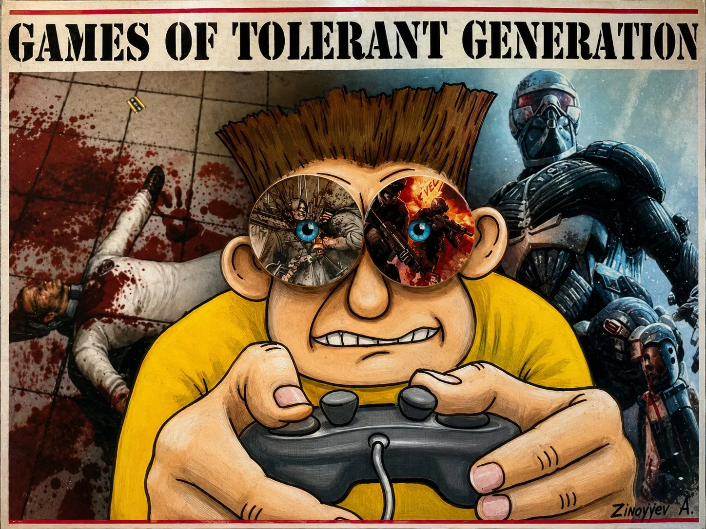 Cartoon by Oleksandr Zinovyev: 'Games of Tolerant Generation': a boy with a gamepad, his eyes full of blood and war.