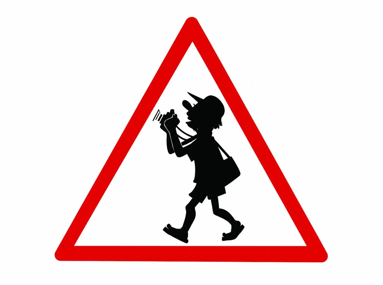 Cartoon “Caution: Tourist” by Oleksandr Zinovyev: A red triangular road sign warning of a tourist with a camera.