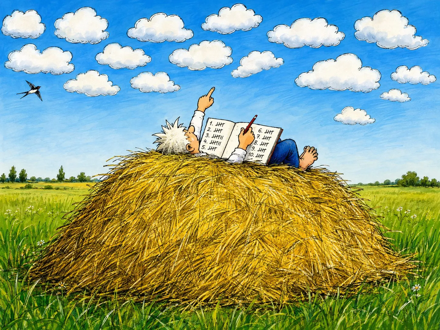 Cartoon by Oleksandr Zinovyev: A man lying on a haystack under fluffy clouds, reading and pointing at the sky.