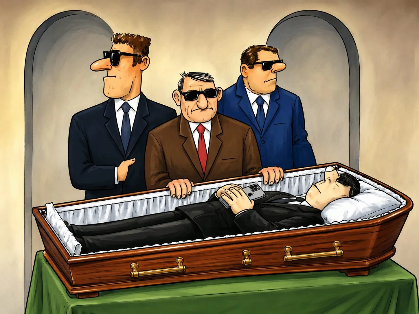 Cartoon by Oleksandr Zinovyev: Three men in sunglasses lean over a man lying in an open coffin.