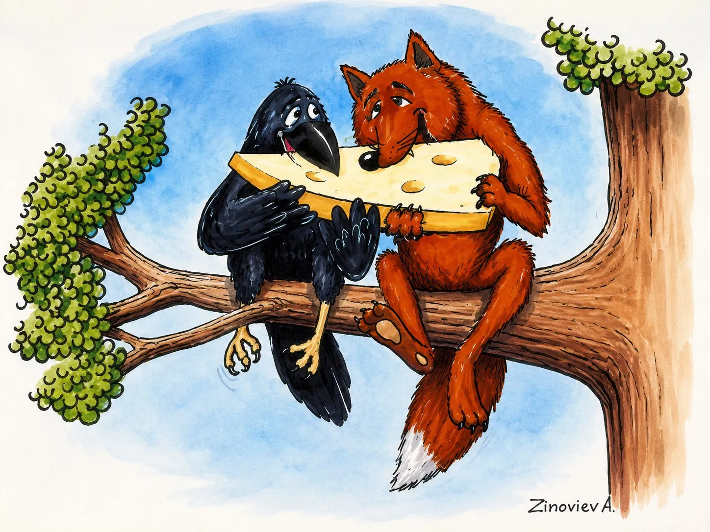 Cartoon “Cheese for Two” by Oleksandr Zinovyev: A crow and a fox both biting into the same piece of cheese on a branch.