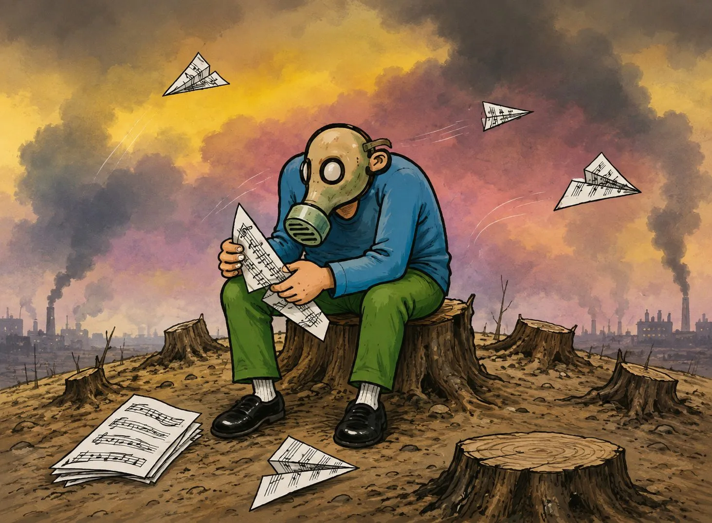 Cartoon by Oleksandr Zinovyev: A man in a gas mask reads sheet music on a tree stump among smoking chimneys and paper planes.