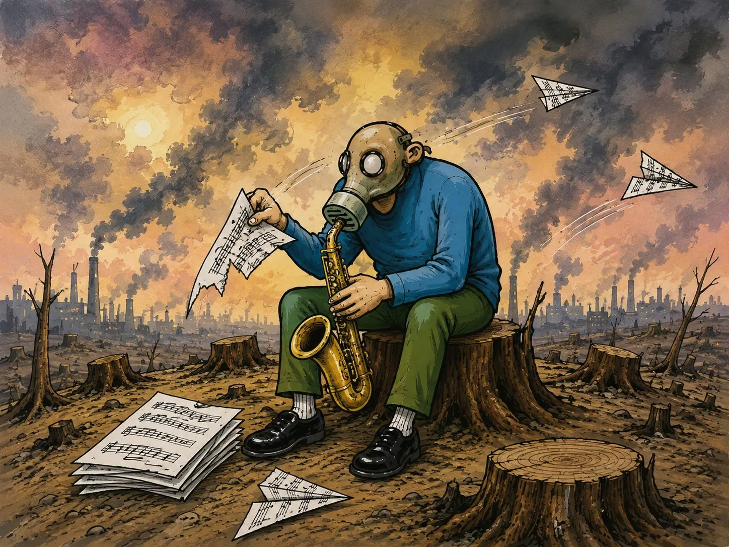 Cartoon by Oleksandr Zinovyev: A man in a gas mask plays saxophone on a tree stump in a polluted, felled landscape.