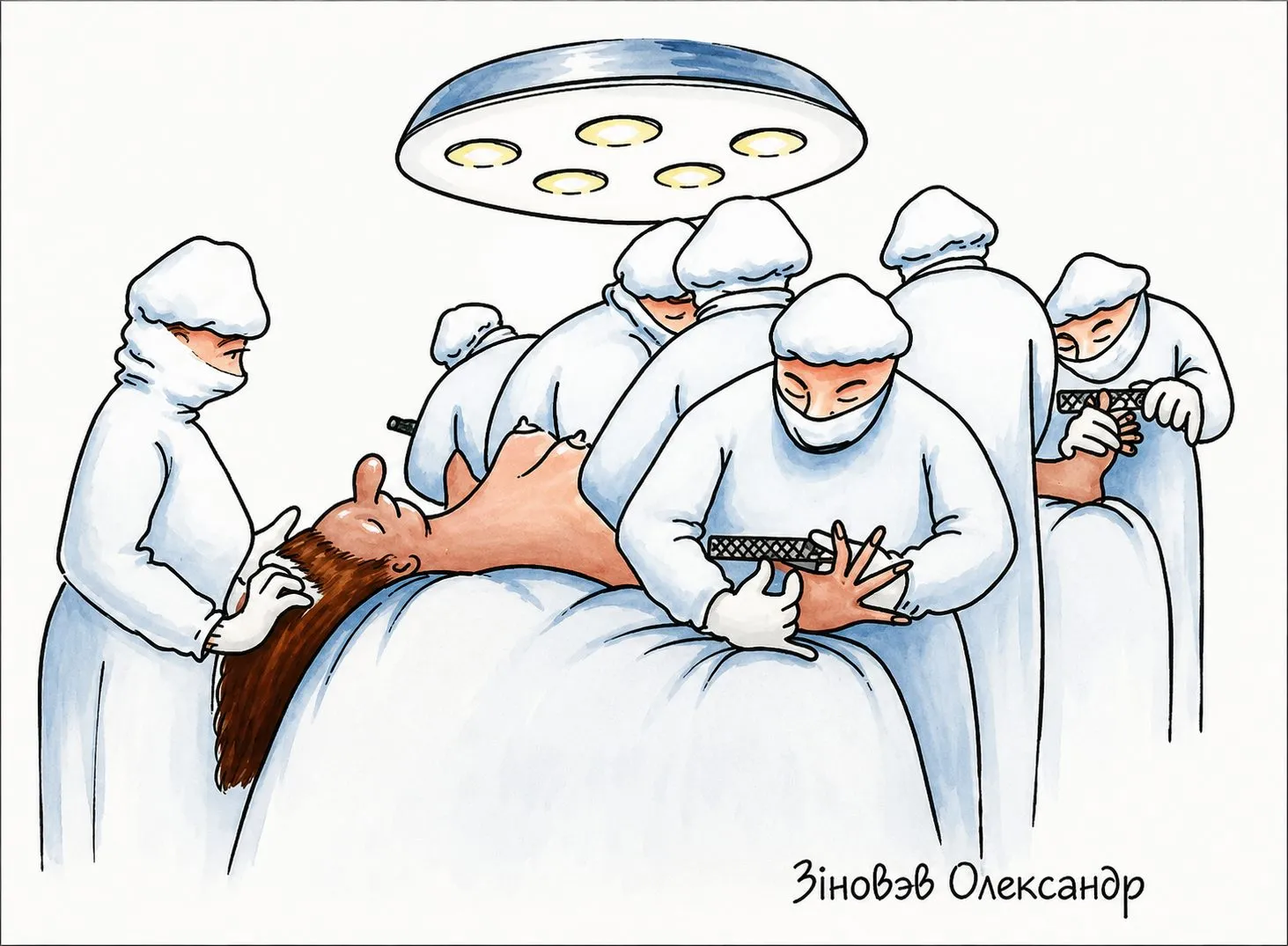 Cartoon by Oleksandr Zinovyev: Surgeons in white crowd over a patient, all of them busy with their phones.