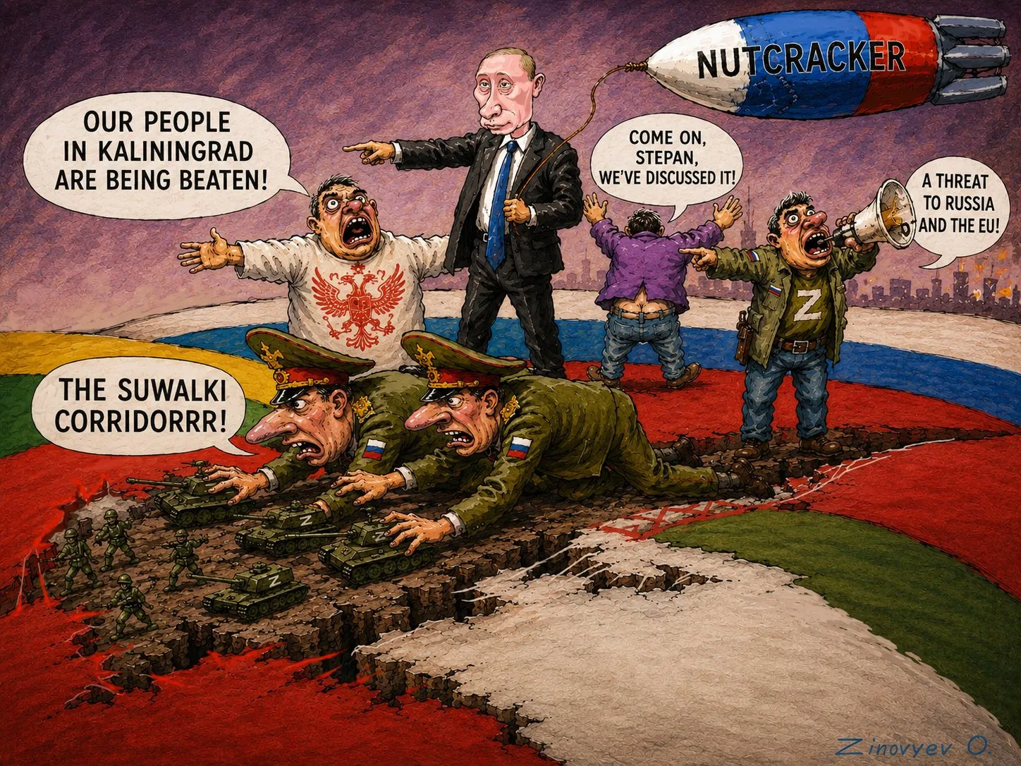 Cartoon by Oleksandr Zinovyev: Putin points at a crowd crawling over a map, a 'Nutcracker' missile overhead; English version.
