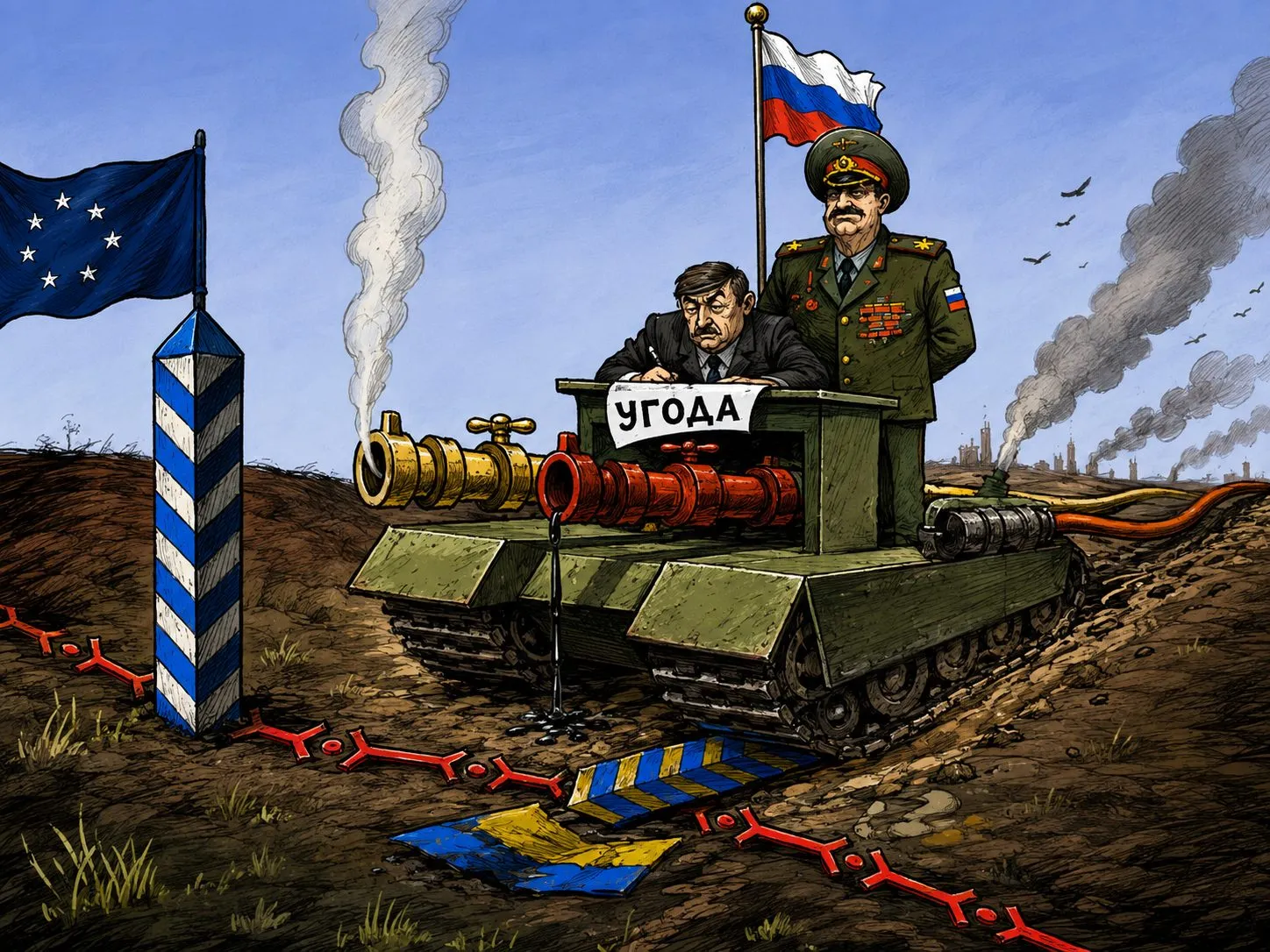 Cartoon by Oleksandr Zinovyev: A Russian general on a tank labelled 'Agreement' rolls across a border post between EU and Russian flags.