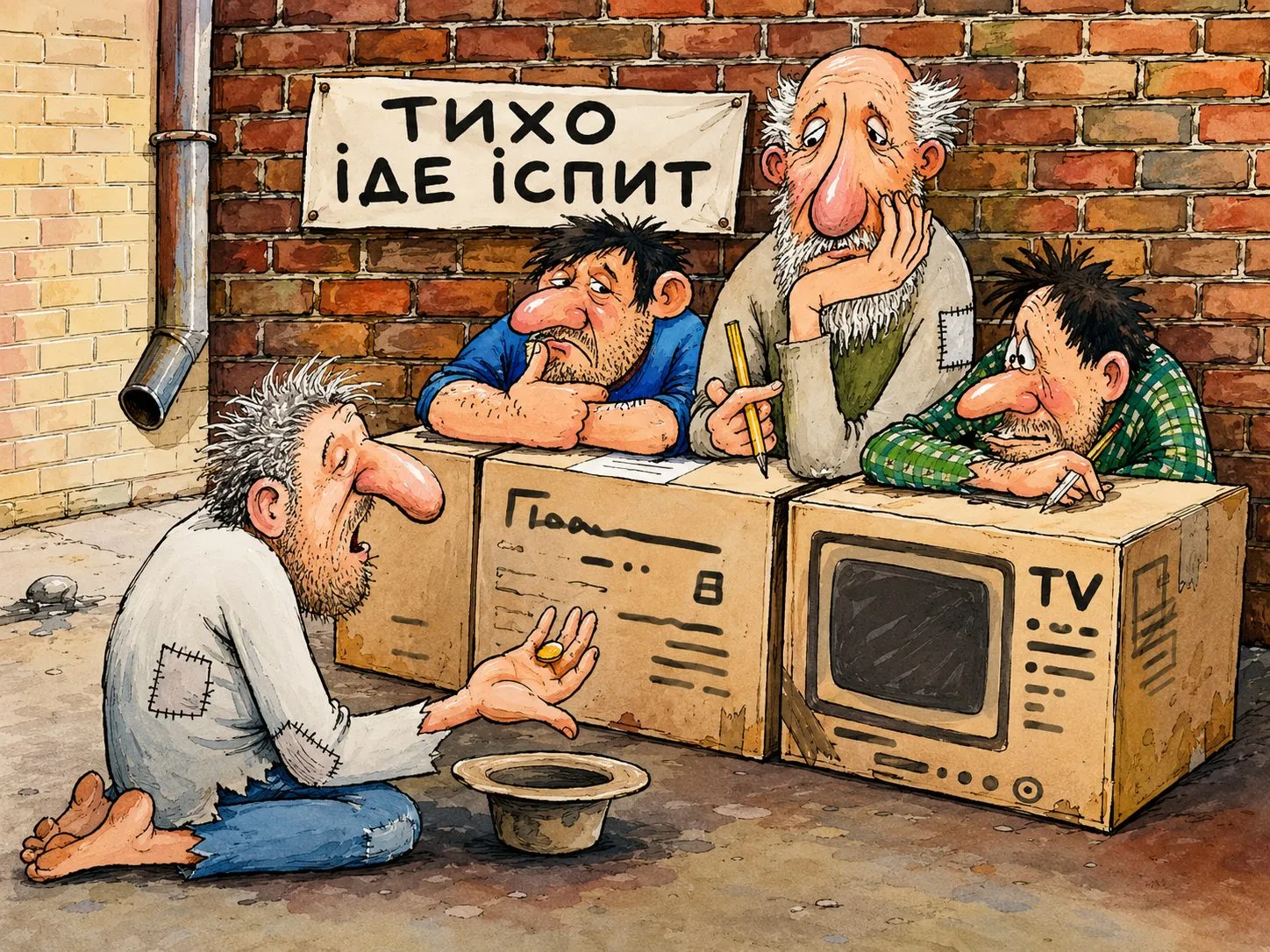 Cartoon by Oleksandr Zinovyev: Ragged musicians begging beside a sign 'Quiet, exam in progress' and cardboard TV boxes.