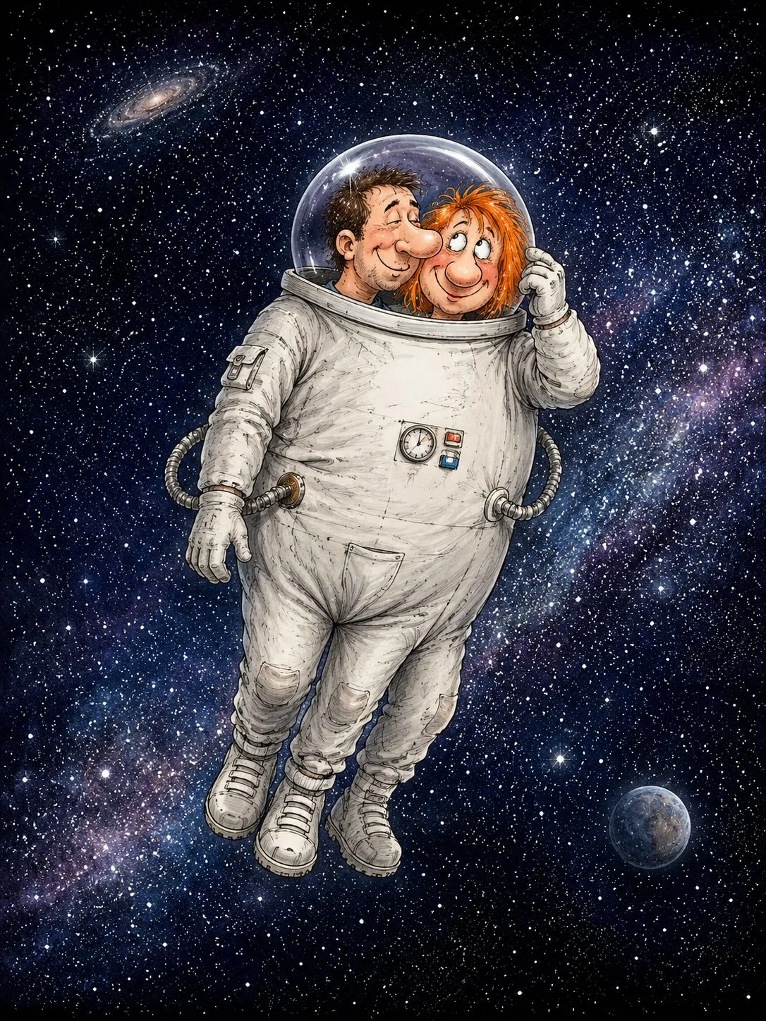 Cartoon by Oleksandr Zinovyev: A couple squeezed into one spacesuit helmet, floating among the stars.