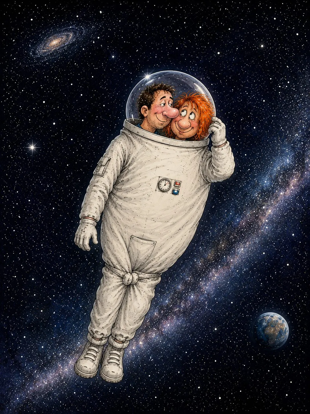 Cartoon by Oleksandr Zinovyev: A couple squeezed into one spacesuit helmet, floating among the stars; second version.