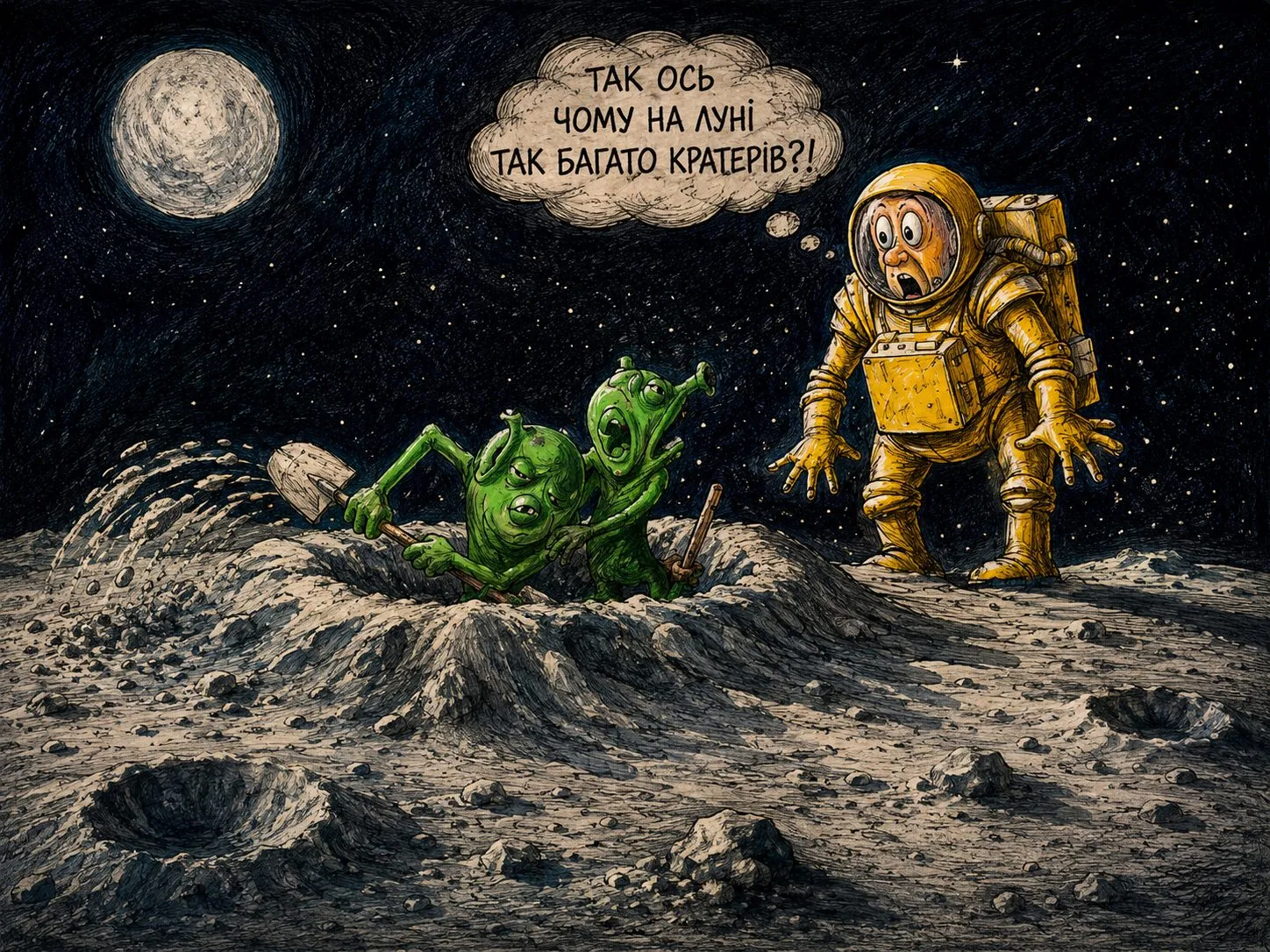 Cartoon by Oleksandr Zinovyev: An astronaut watches green aliens digging on the Moon: 'So that's why there are so many craters!'.