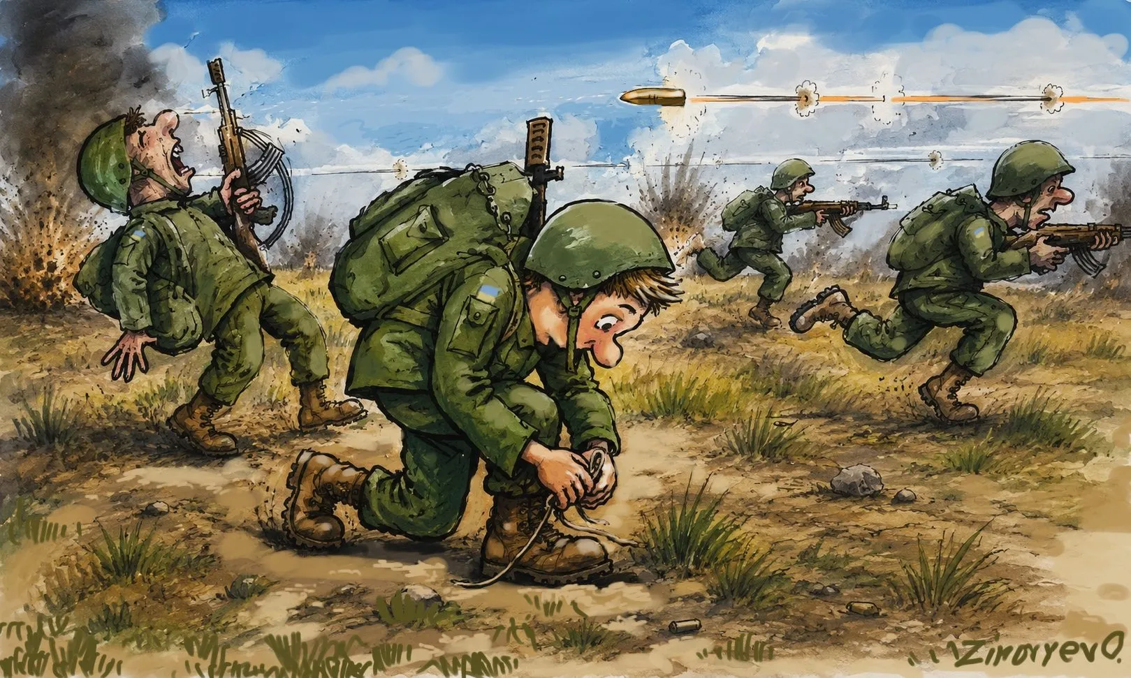 Cartoon by Oleksandr Zinovyev: Soldiers advancing under fire while one stops to tie his bootlace.