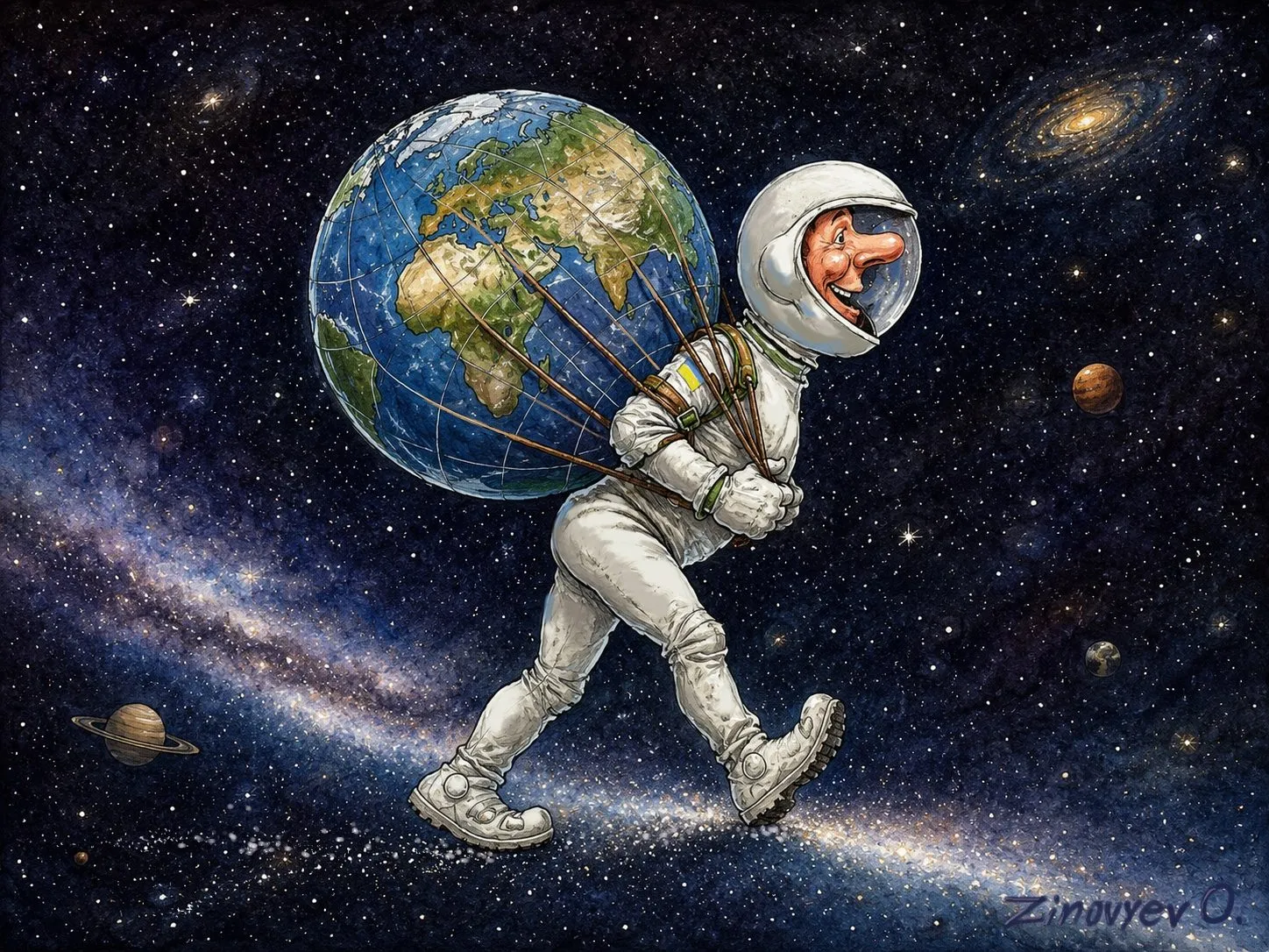 Cartoon by Oleksandr Zinovyev: An astronaut carries the Earth on his back through space.