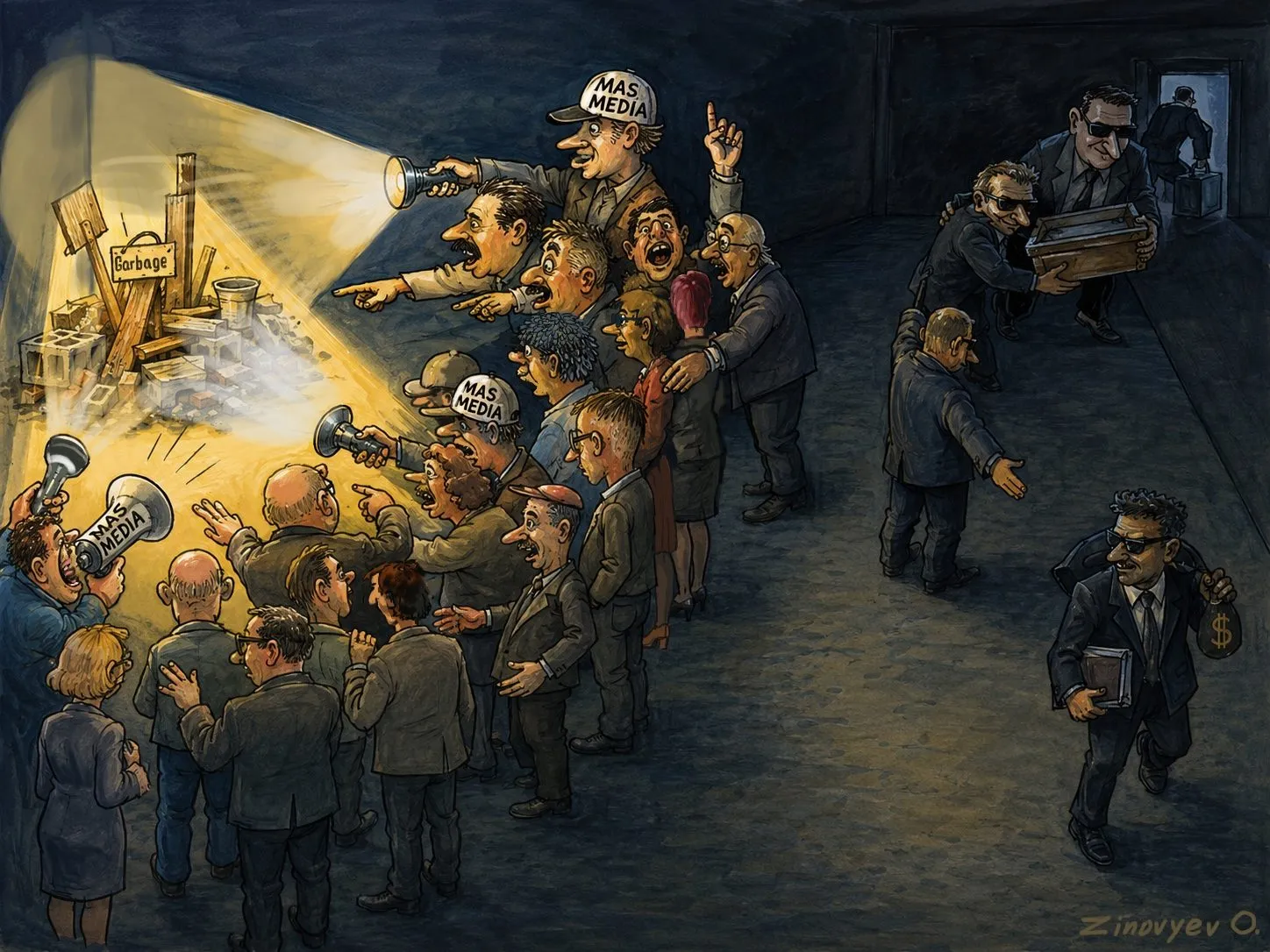 Cartoon by Oleksandr Zinovyev: Journalists shine torches at a scene while men in black carry things out the back door.