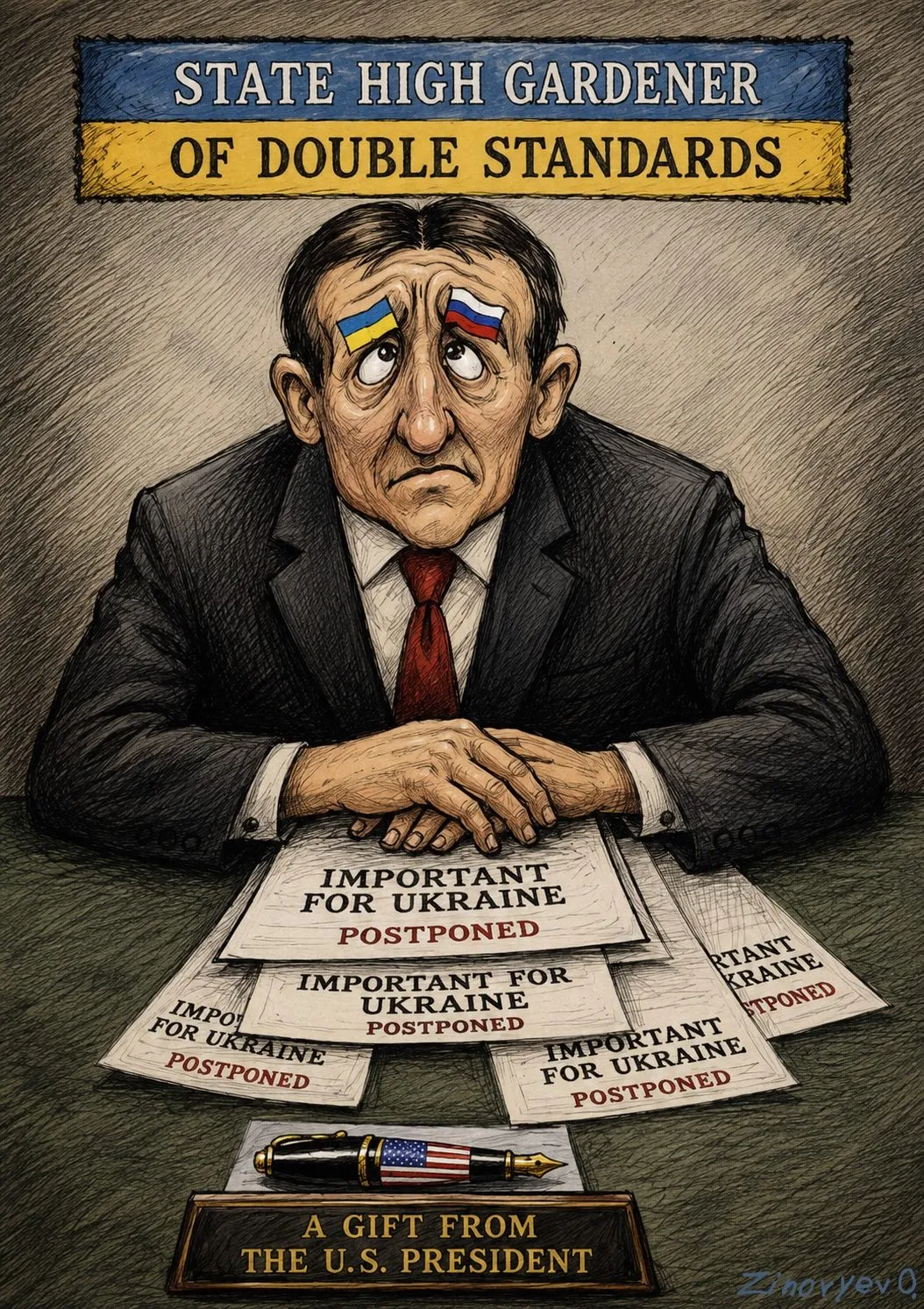 Cartoon by Oleksandr Zinovyev: 'State high gardener of double standards' sits behind papers stamped 'Important for Ukraine — postponed'.