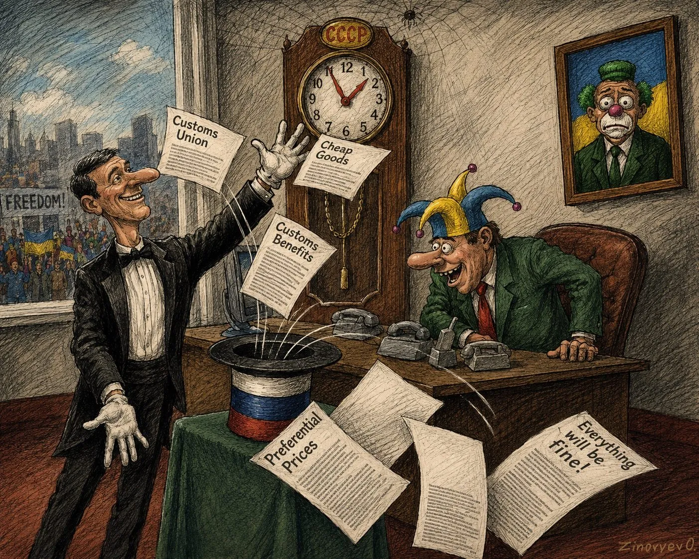 Cartoon by Oleksandr Zinovyev: A jester at a desk tosses papers — 'Customs union', 'Cheap goods' — to a man in a tailcoat; a USSR clock.
