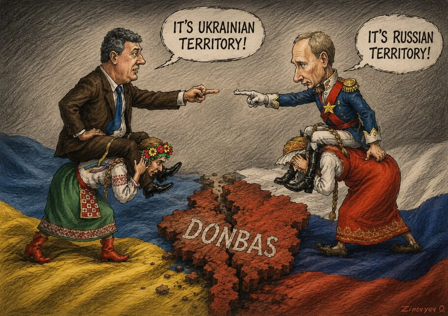 Cartoon by Oleksandr Zinovyev: Two leaders point at Donbas: 'It's Ukrainian territory!' / 'It's Russian territory!'.
