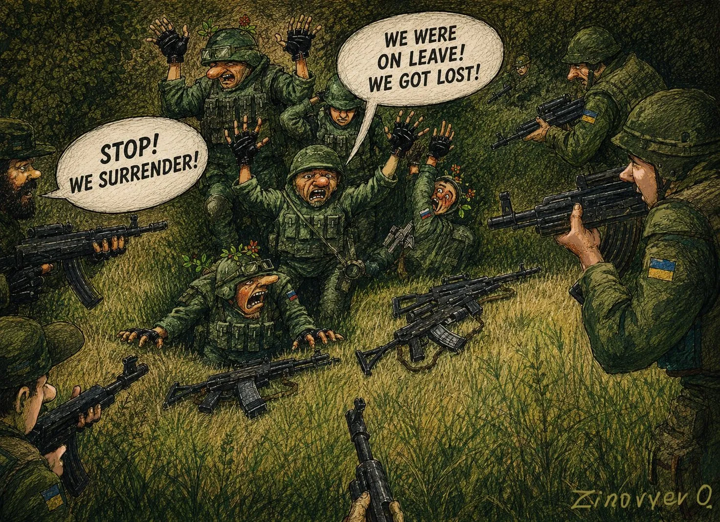 Cartoon by Oleksandr Zinovyev: Russian soldiers in the grass surrender to Ukrainians: 'We were on leave, we got lost!'.