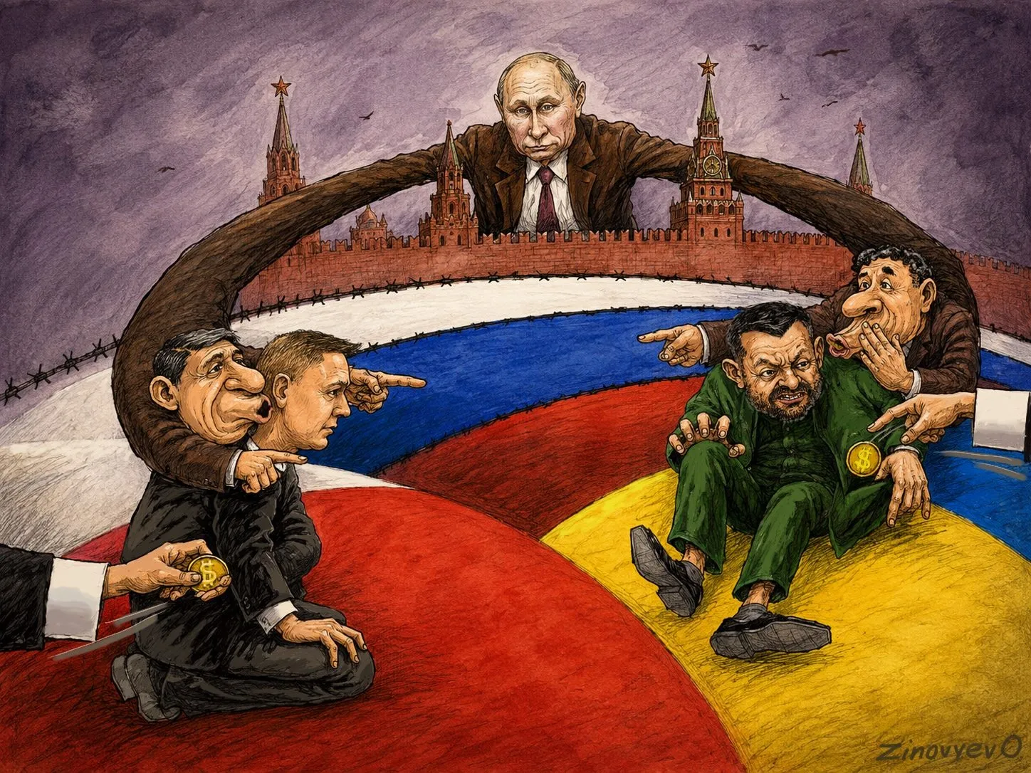 Cartoon by Oleksandr Zinovyev: Putin's arms wrap round the Kremlin and a Russian flag while figures point at a soldier on a yellow-blue mat.