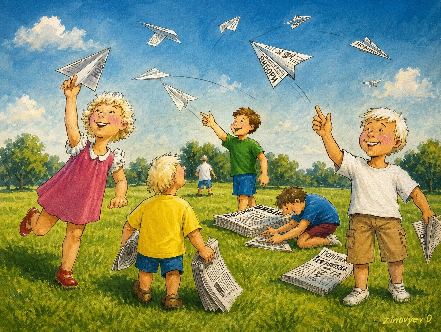 Cartoon by Oleksandr Zinovyev: Children in a park folding newspapers into paper planes.