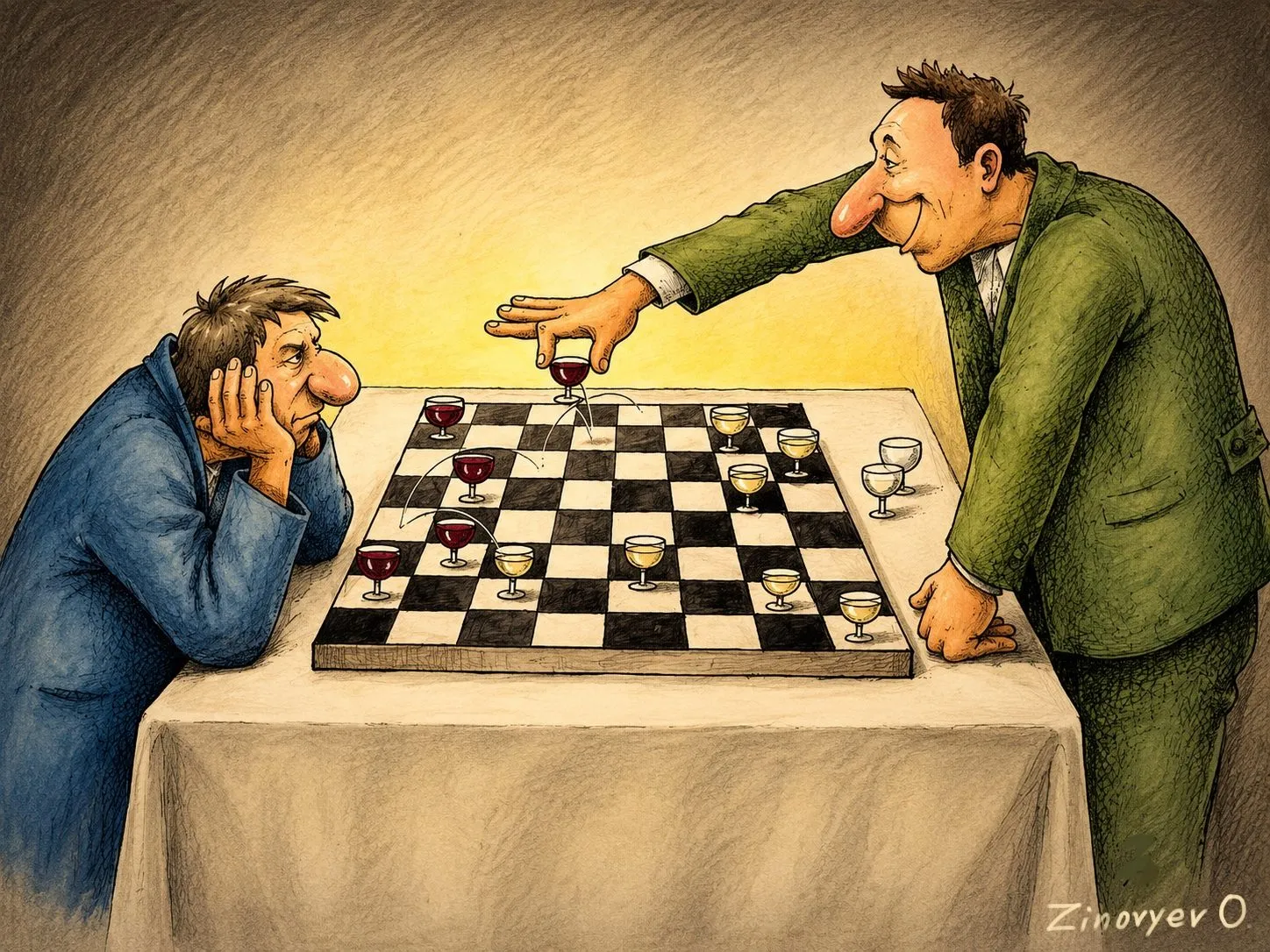 Cartoon by Oleksandr Zinovyev: Two men playing draughts with wine glasses for pieces.