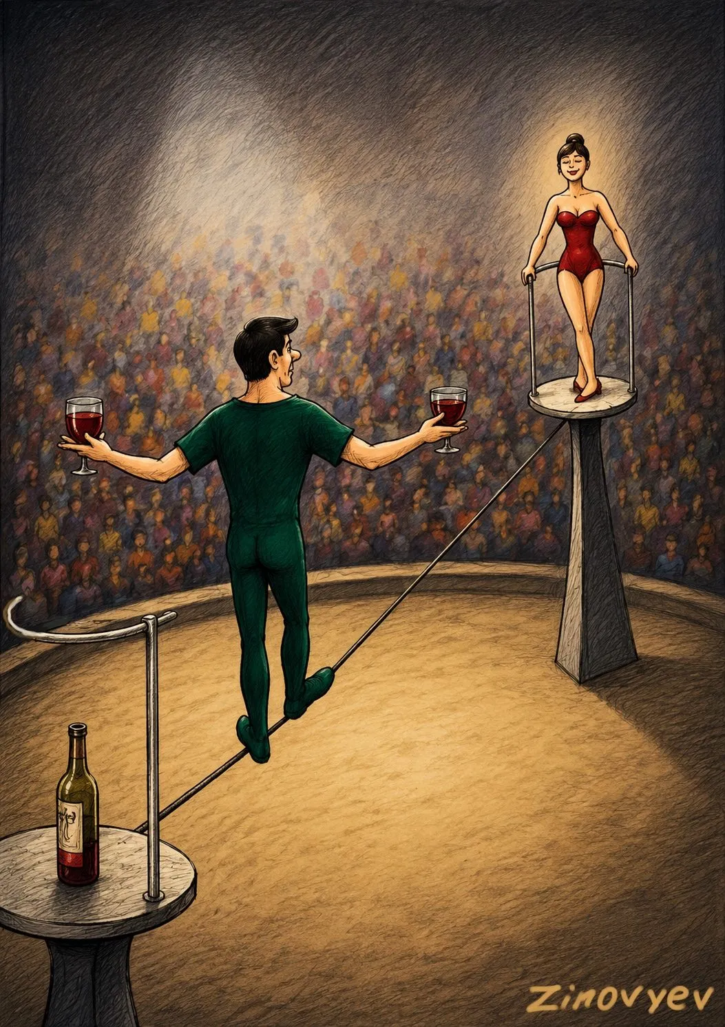 Cartoon by Oleksandr Zinovyev: A circus tightrope walker carrying wine glasses towards a woman on a pedestal.