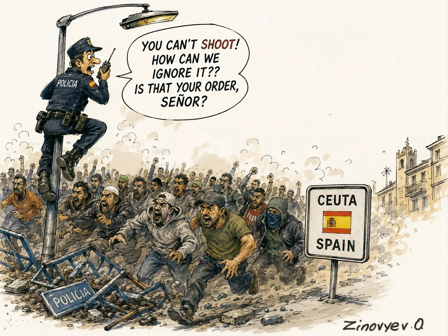 Cartoon by Oleksandr Zinovyev: A Spanish policeman on a lamp post as a crowd storms the Ceuta border: 'You can't shoot!'; English version.