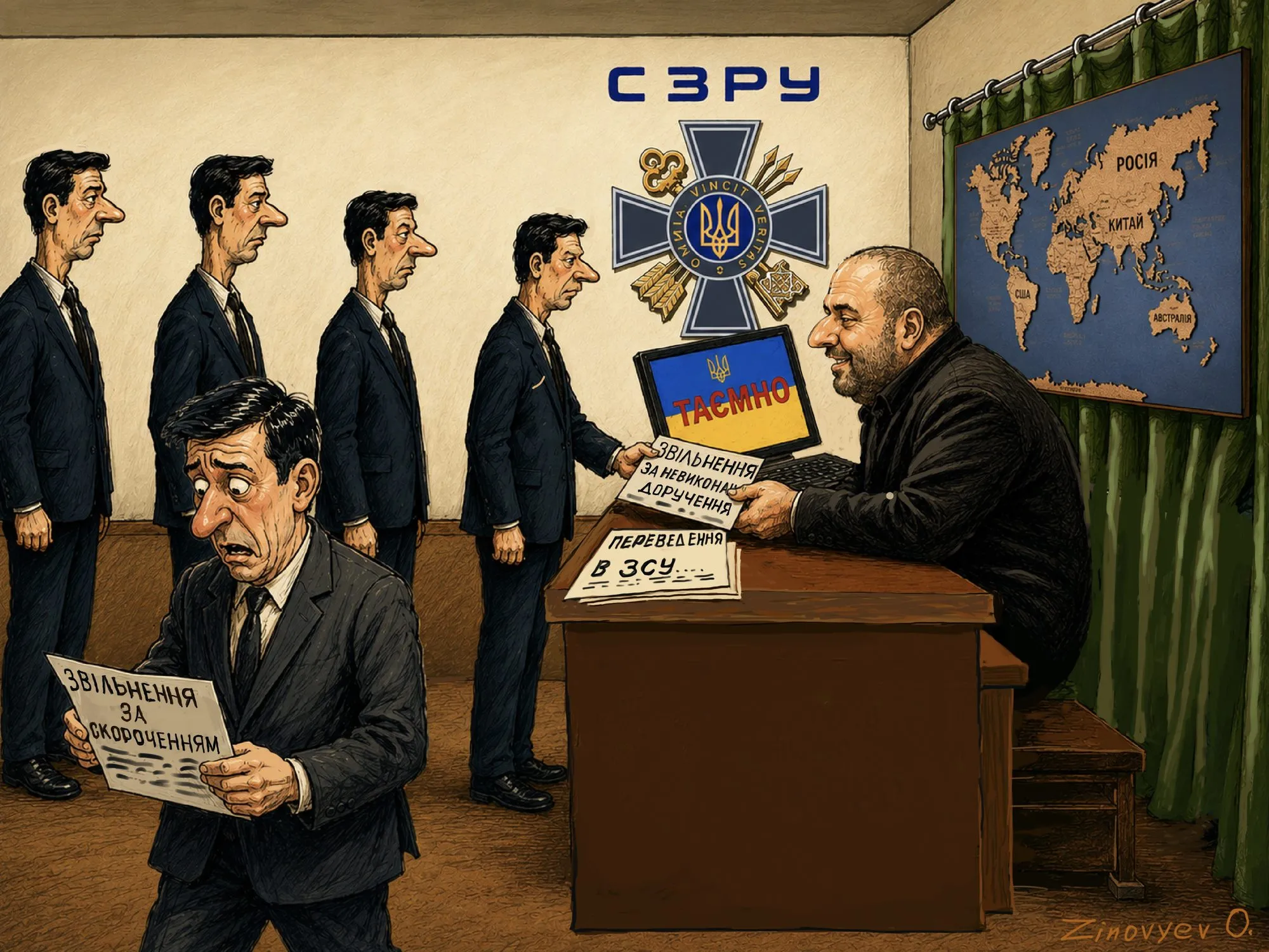 Cartoon by Oleksandr Zinovyev: A queue of men in suits at an intelligence office desk, receiving dismissal papers.
