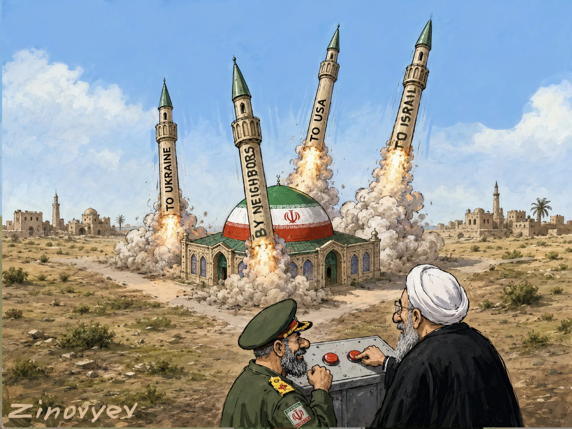 Cartoon by Oleksandr Zinovyev: Iranian leaders launch missiles from minarets labelled 'To Ukraine', 'To Israel', 'To the USA'.