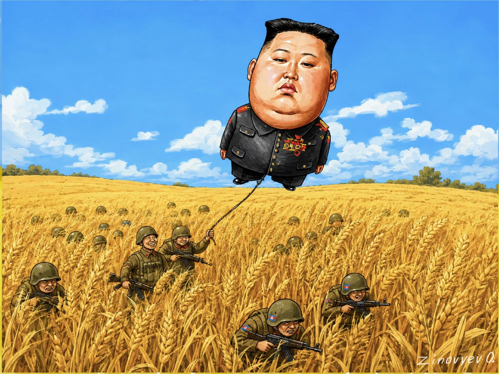 Cartoon by Oleksandr Zinovyev: Kim Jong-un floats like a balloon over a wheat field full of soldiers.