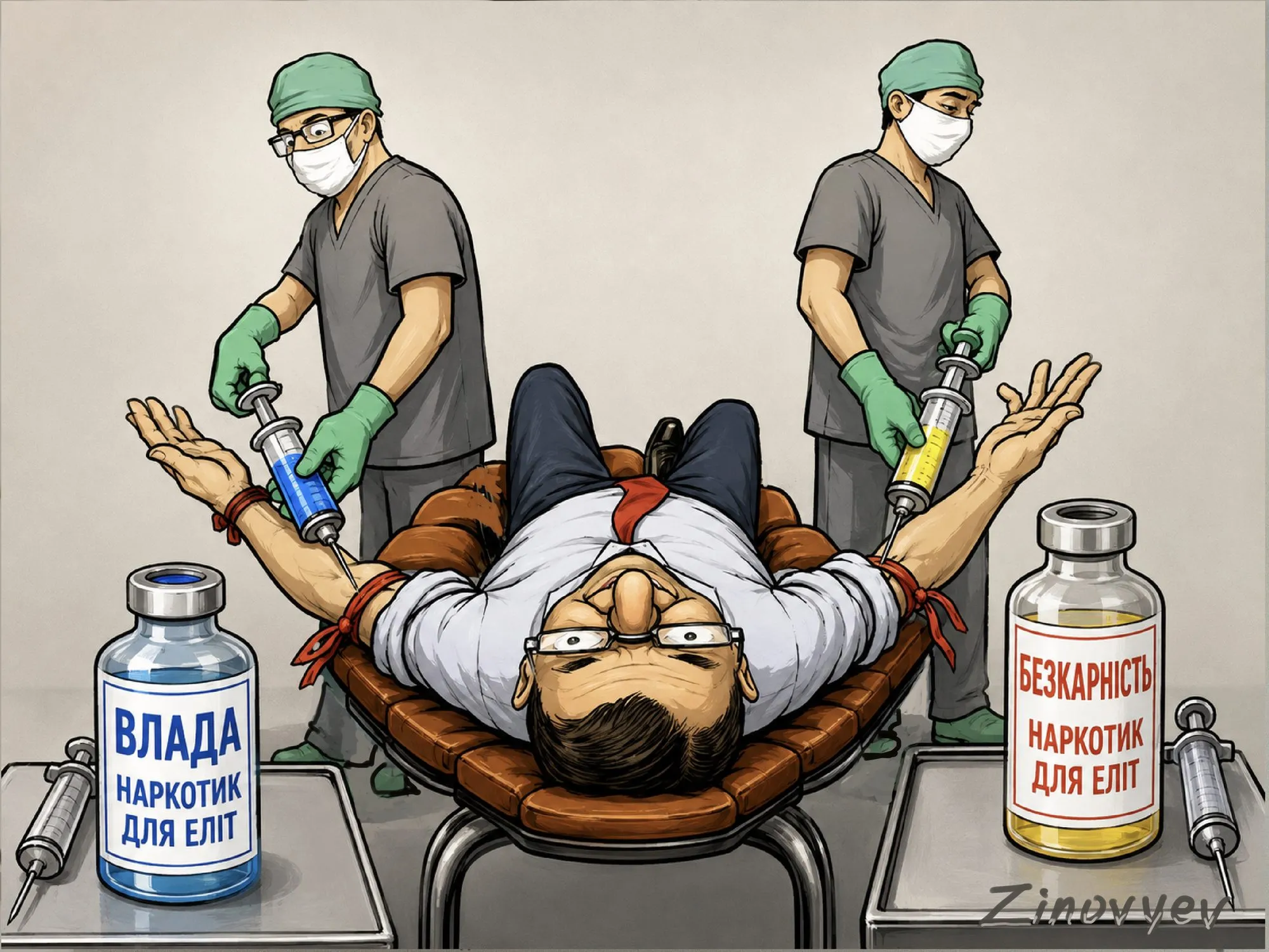 Cartoon by Oleksandr Zinovyev: A man strapped down while surgeons inject him from vials labelled 'Power' and 'Impunity'; second version.