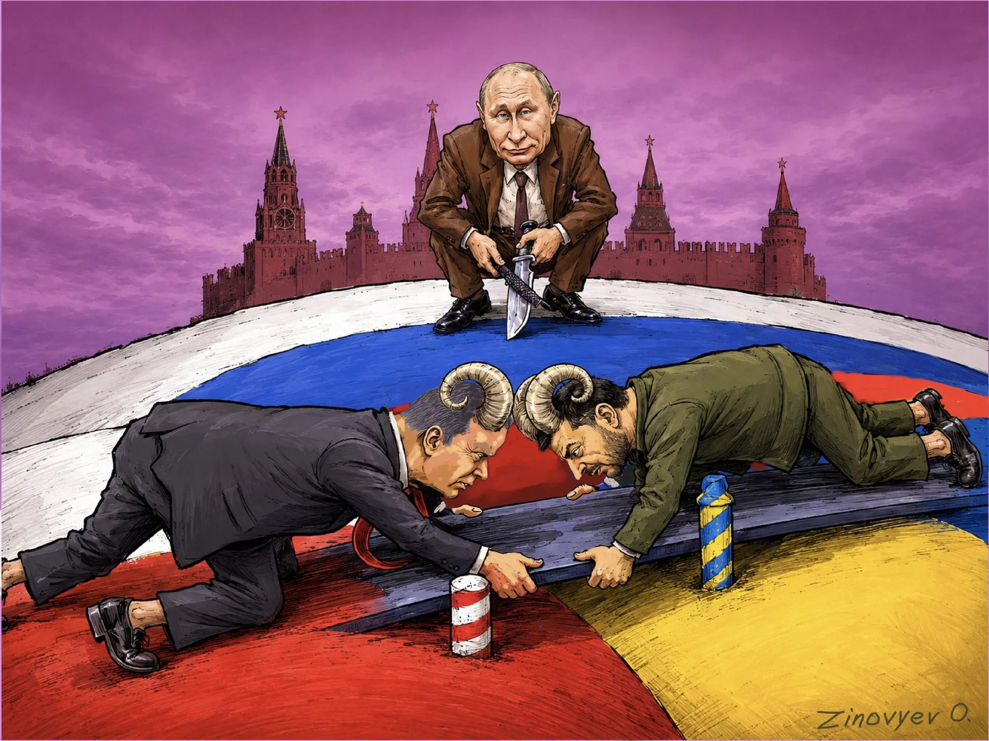 Cartoon by Oleksandr Zinovyev: Putin cuts a rope above two men crawling head to head across a Russian and Ukrainian flag.