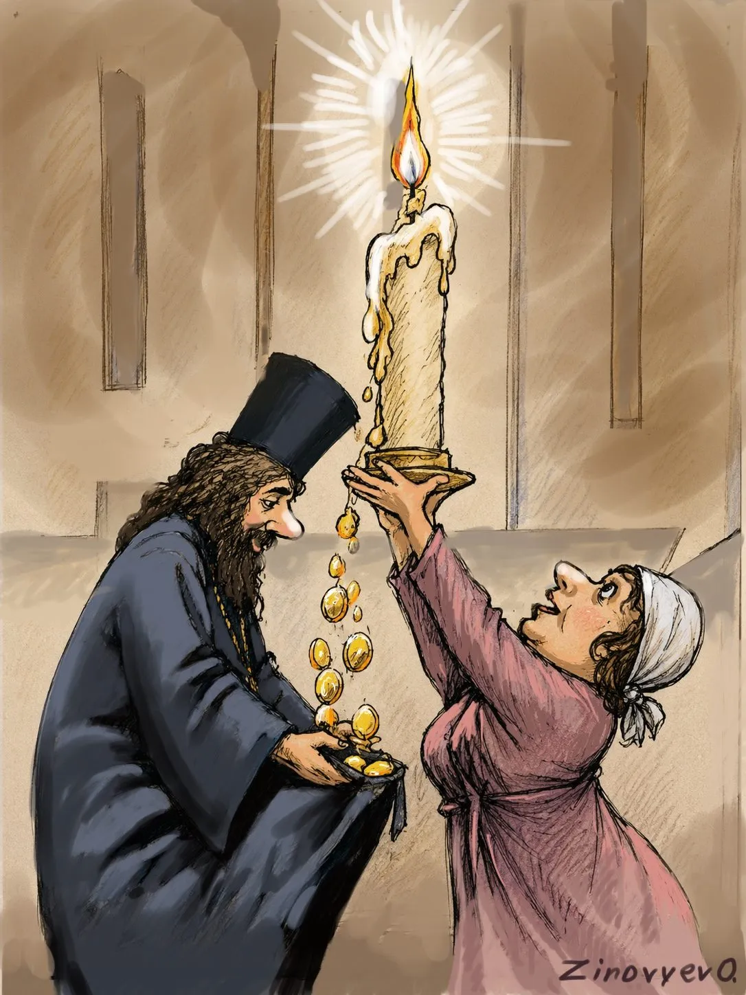 Cartoon by Oleksandr Zinovyev: A priest takes coins pouring from a woman's candle in a church.