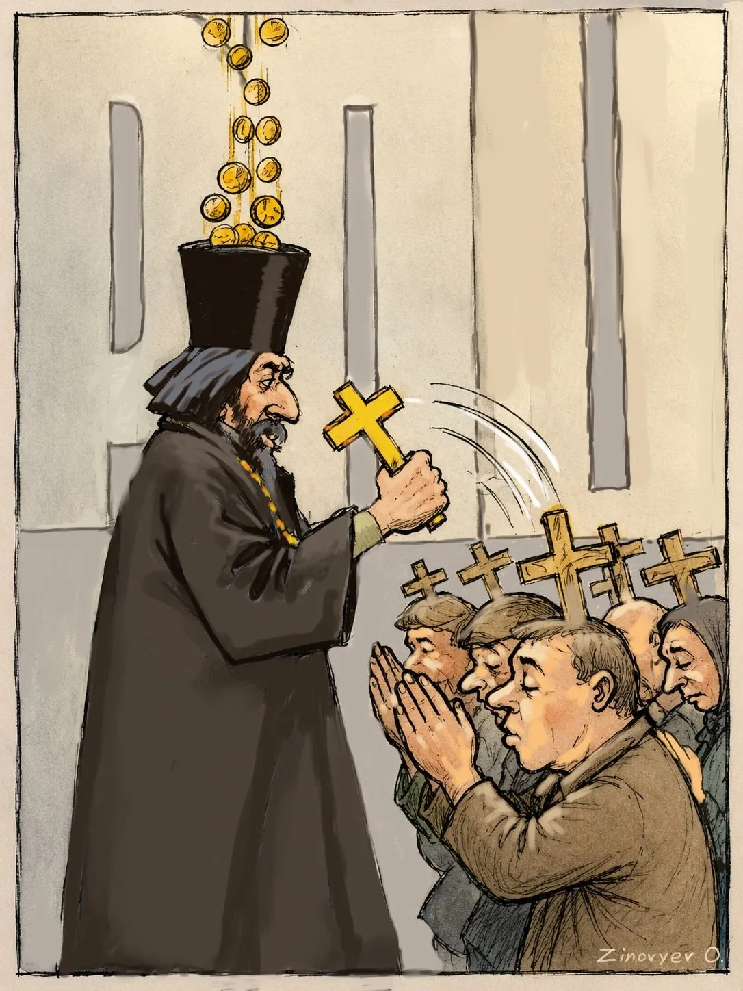 Cartoon by Oleksandr Zinovyev: A priest in a tall hat swings a cross at a crowd of worshippers as coins rain down.