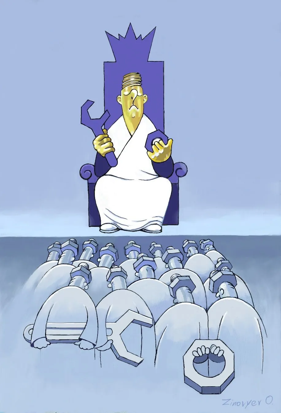 Cartoon “Bolts and Nuts” by Oleksandr Zinovyev: A crowned bolt on a throne above a crowd of nuts and spanners.