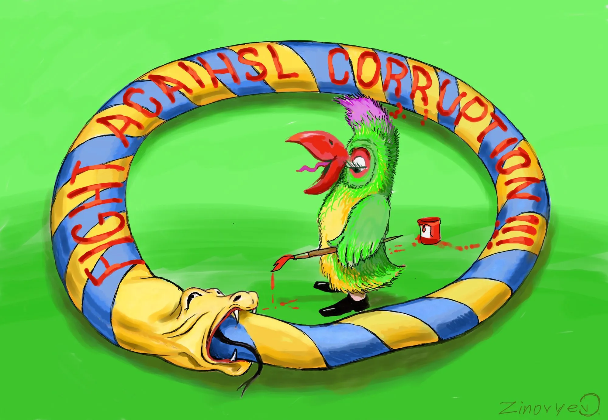 Cartoon “The Fight Against Corruption” by Oleksandr Zinovyev: A parrot paints inside a yellow-and-blue ring reading 'Fight against corruption'.