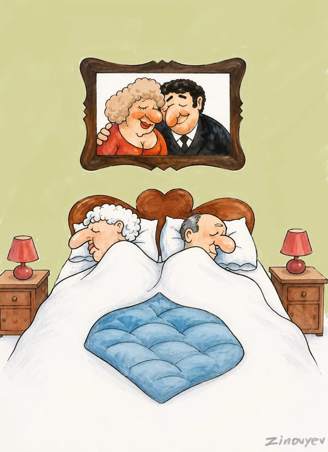 Cartoon “Before and After” by Oleksandr Zinovyev: An elderly couple in bed under a portrait of themselves young.