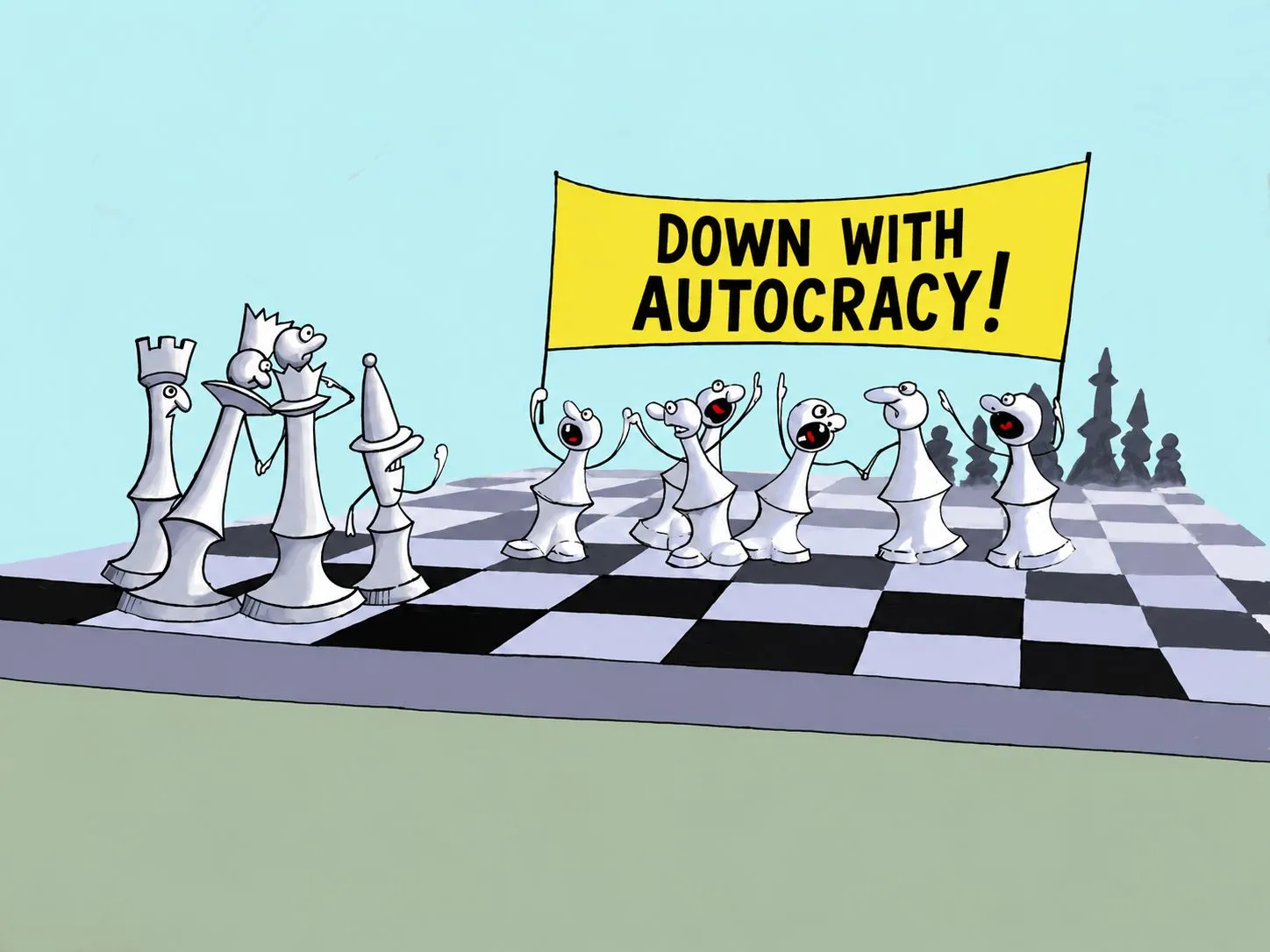 Cartoon “Down with Autocracy! (English version)” by Oleksandr Zinovyev: Chess pawns march with a banner 'Down with autocracy!' towards the white king and queen; English version.