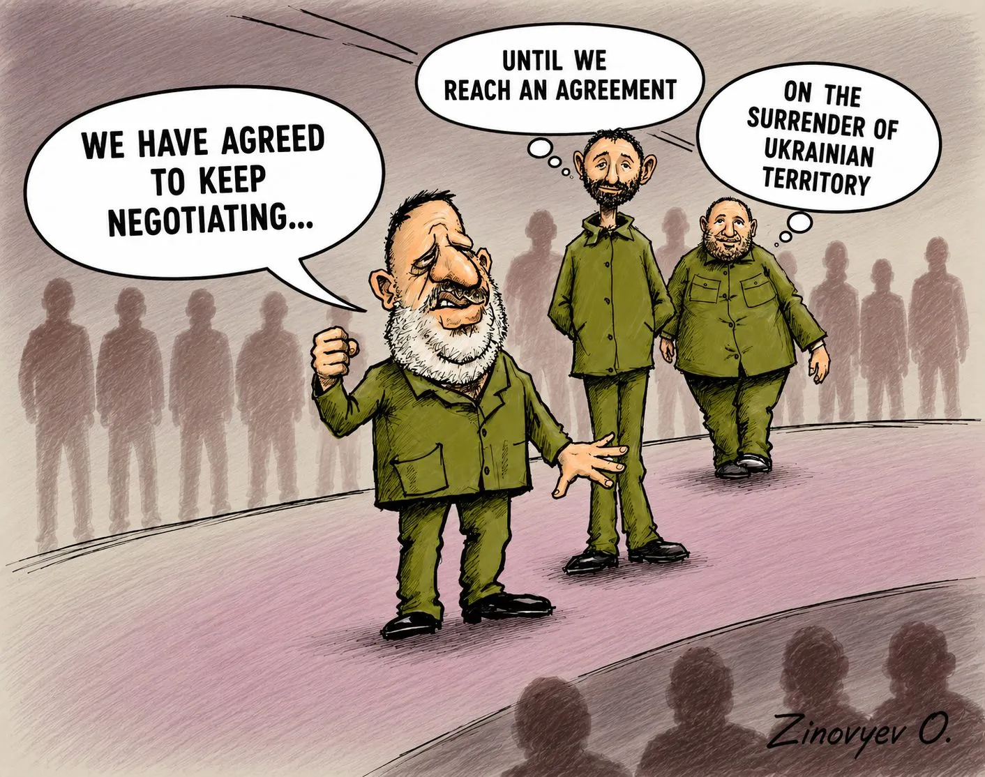 Cartoon “Backroom Deals, in English” by Oleksandr Zinovyev: A bearded man and two soldiers: 'We agreed to keep negotiating… until we agree to surrender territory'; English version.