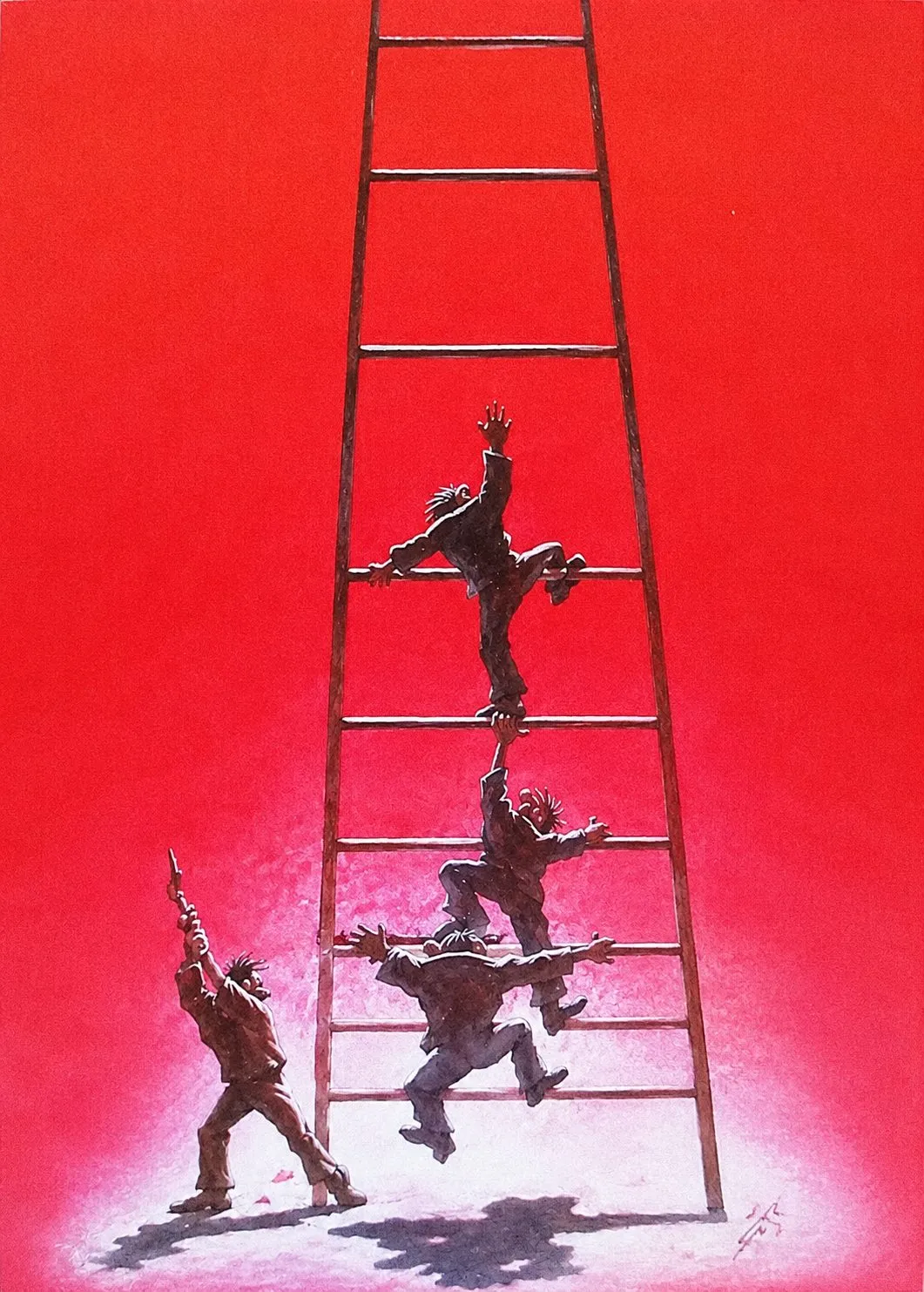Cartoon “The Ladder of Power” by Oleksandr Zinovyev: Dark figures climbing a ladder on a red ground, pulling each other down.