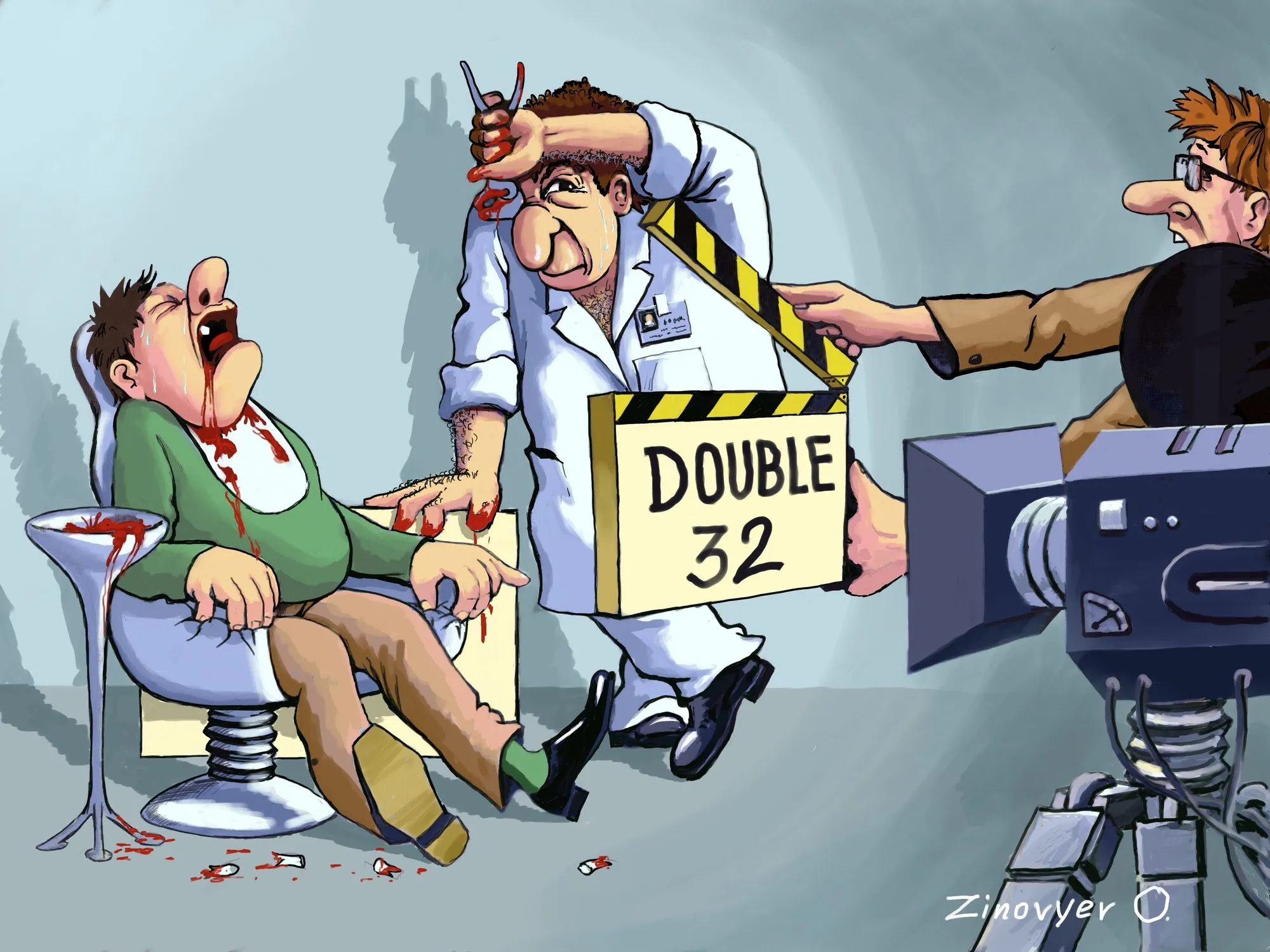 Cartoon “Take 32” by Oleksandr Zinovyev: A dentist pulls a patient's tooth while a film crew calls 'Take 32'.