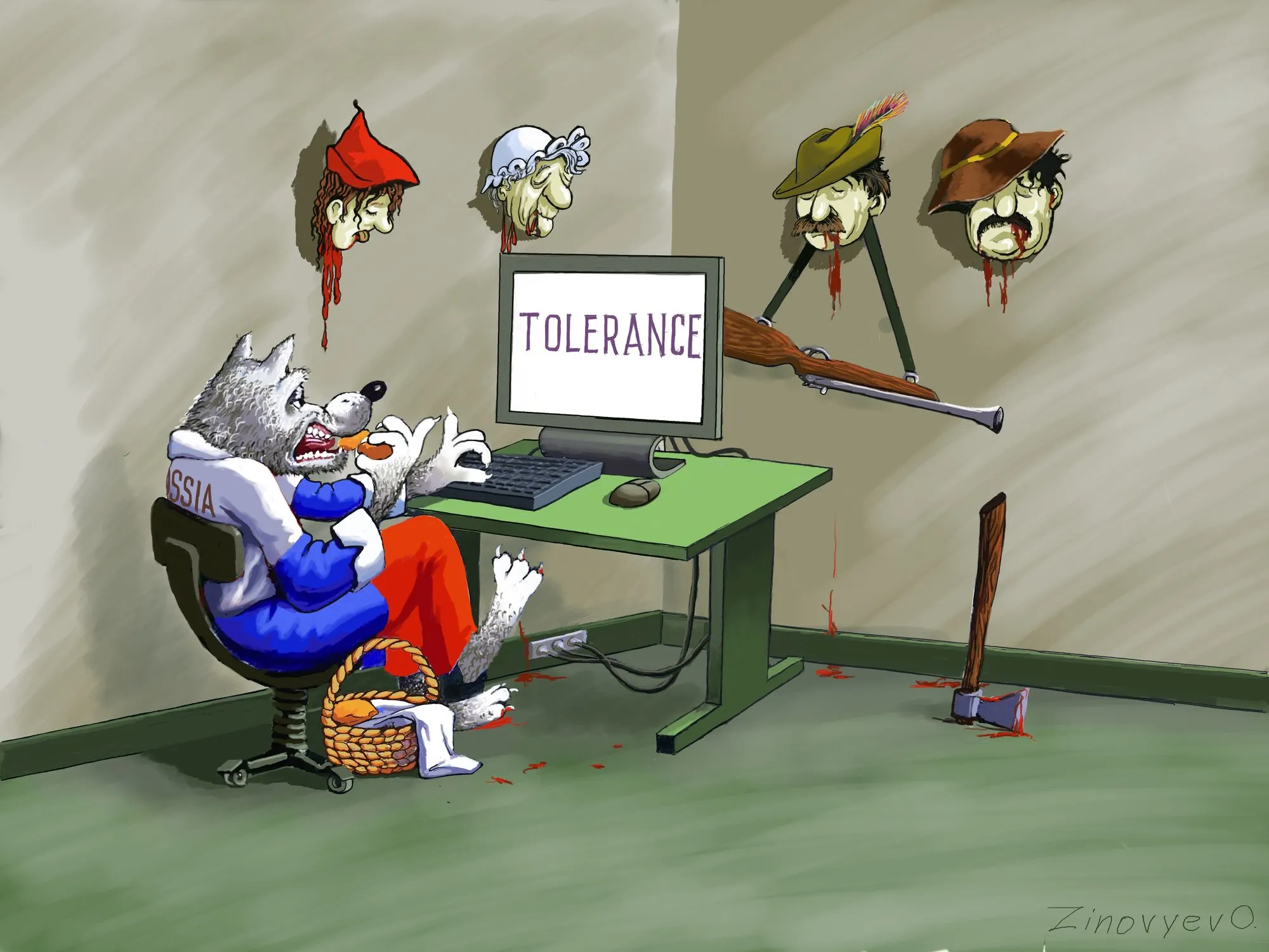 Cartoon “Once There Was a Red Riding Hood, and Others” by Oleksandr Zinovyev: A wolf at a computer marked 'Tolerance' in a room hung with hunting trophies of Red Riding Hood characters.