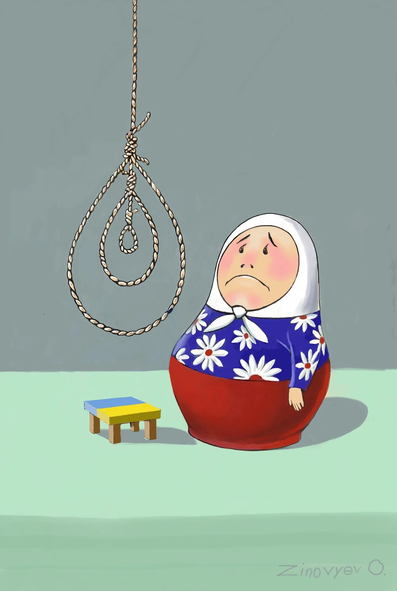 Cartoon “Curtains” by Oleksandr Zinovyev: A sad matryoshka in a headscarf beside a hanging noose and a small yellow-and-blue stool.