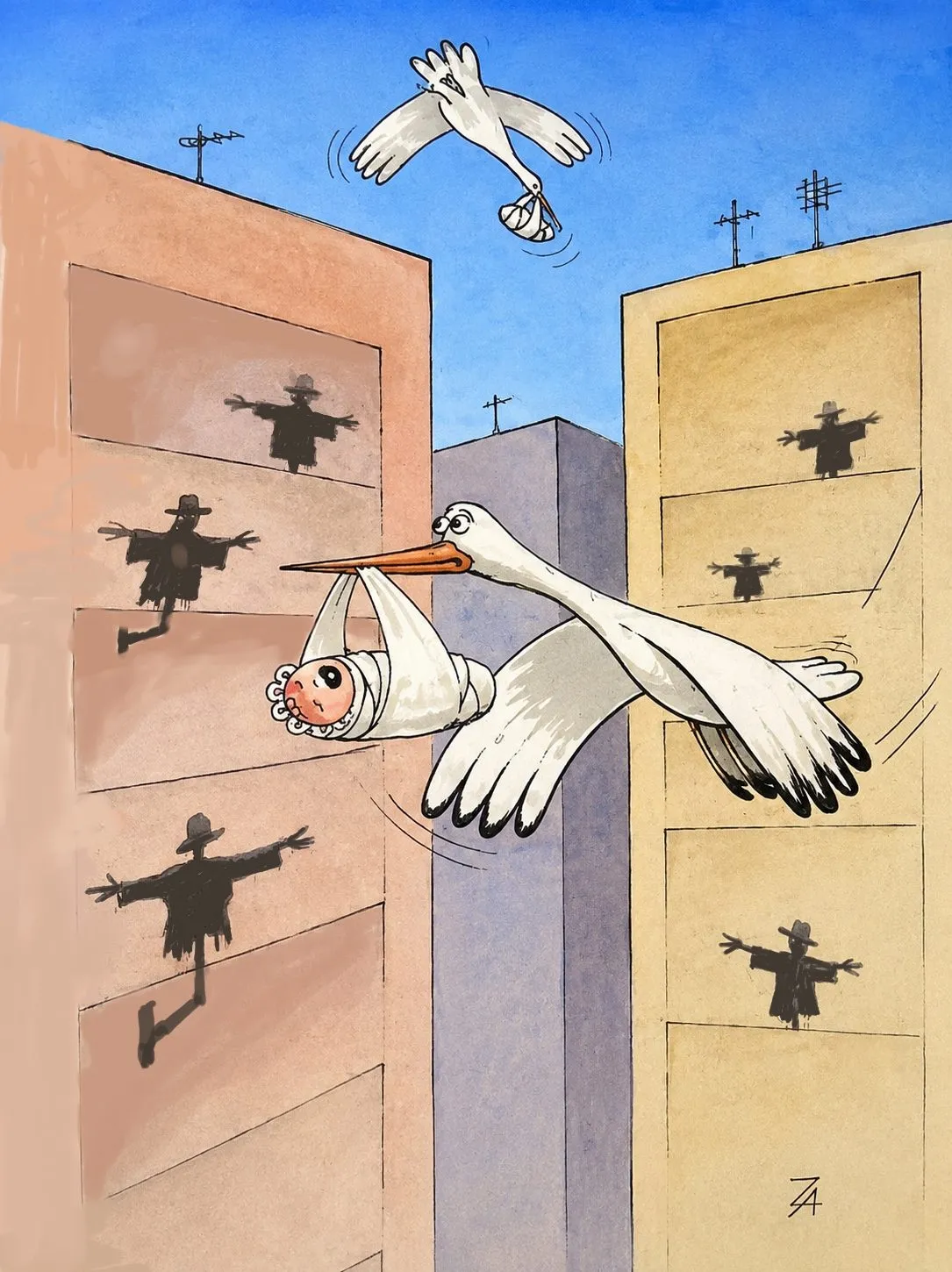 Cartoon “Brushes” by Oleksandr Zinovyev: A stork delivers a baby between apartment blocks where shadowy figures leap from the windows.