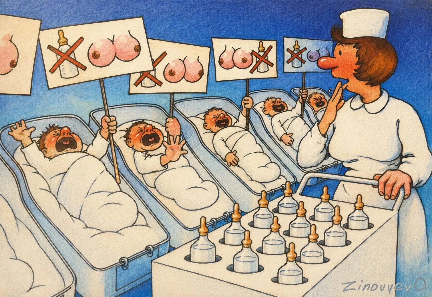 Cartoon “To the City” by Oleksandr Zinovyev: Newborns in a maternity ward hold placards with crossed-out breasts as a nurse brings bottles.